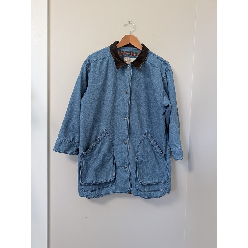 JA Denim Vintage Barn Coat Medium Wash Plaid Lined Corduroy Collar Blue Large